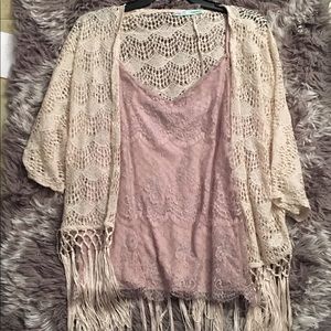 XL pink lace top with XXL Cardigan